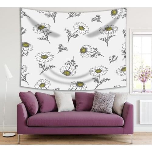 Tapestry Camomile Daisy Summer Flowers Pattern Garden Nature Theme Classic Design Art Grey Yellow
