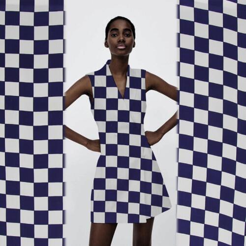 Blue and white gingham print Pure silk Crepe DE chine fabric plaid pattern geometric design,SCDC807-M