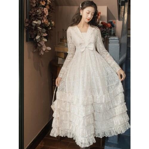 Sweet Lace Fairy Dress Women Retro Bow V-Neck Princess Dresses For Slim Lady Lolita Ball Gown Vintage Mori Girl Vestidos Largos