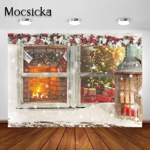 Mocsicka Backdrops Snow Wooden Window Children Portrait Christmas Fireplace Photographic Background for Photo Studio Phorocall