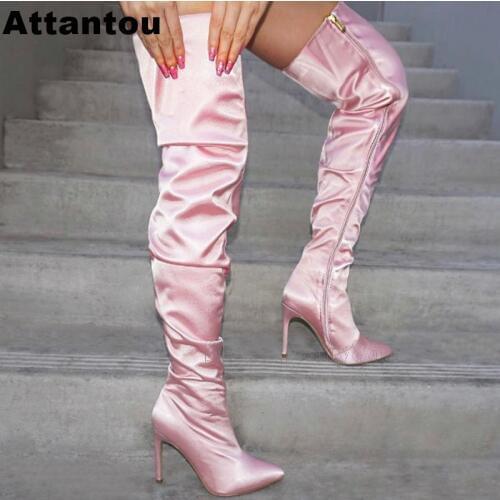 Fashion Warm Pink Color Pointed Toe Side ZipperThin High Heel Women Boots Over The Knee Thigh High Long Boots Plus size 43