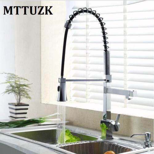 MTTUZK kitchen brass square spring faucet, pull out kitchen faucet hot and cold water mixer tap deck mounted basin faucet