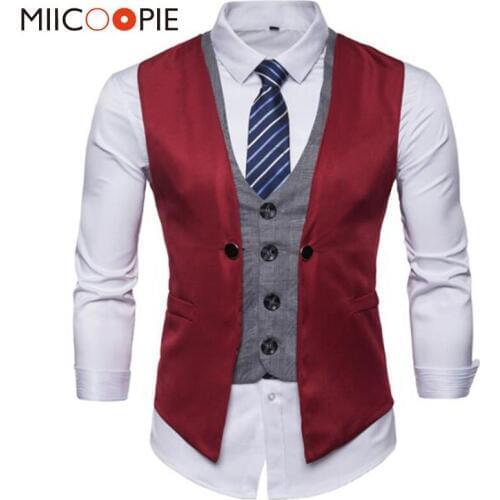 Fake Two Piece Mens Formal Vest Red Waistcoat 2020 Fashion Steampunk Casual Business Jacket Party Dress Men Gilet Homme Retro