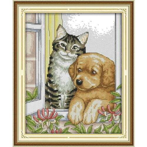 The dog and cat cross stitch kit DMC color thread 14ct 11ct count print canvas stitches embroidery DIY handmade needlework