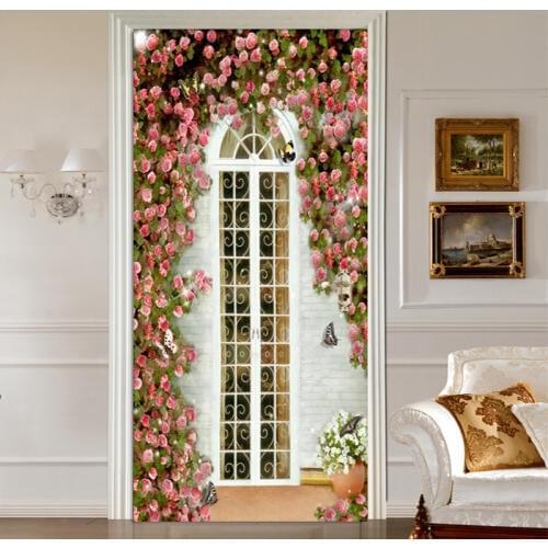 Door Sticker 3D Rose Flowers Window Wallpaper PVC Self-Adhesive Waterproof Wedding House Home Door Decals Wall Sticker 3D Poster