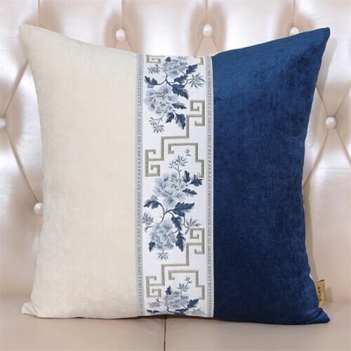 Embroidery White and Blue flower and geometry Pillowcase New Chinese style Home Living Room Comfortable 50x50 cm cushion cover