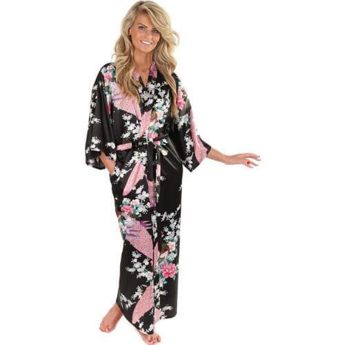 Brand New Black Women Satin Kimono Robes Long Sexy Nightgown Vintage Printed Night Gown Flower Size S M L XL XXL XXXL D124-01