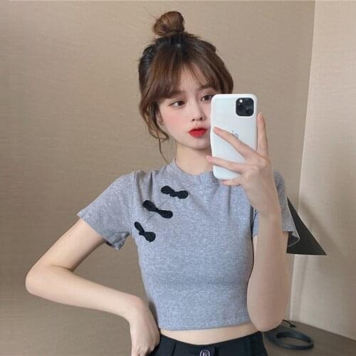 2021 New Ladies Tees O-neck Vintage Style Crop Top Gray Womens Clothing Summer Slim T Shirts Hipster Fashion Brand Black