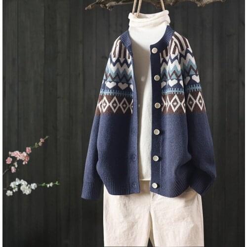 2021 spring and autumn new products loose ethnic style stitching long-sleeved sweater womens buttoned sweater cardigan
