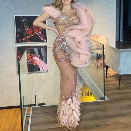 New Arrival Luxury Dresses Mermaid With Feathers Sweetheart Tulle Reflled Saudi Arabic Custom Made Pageant Long Prom Gowns