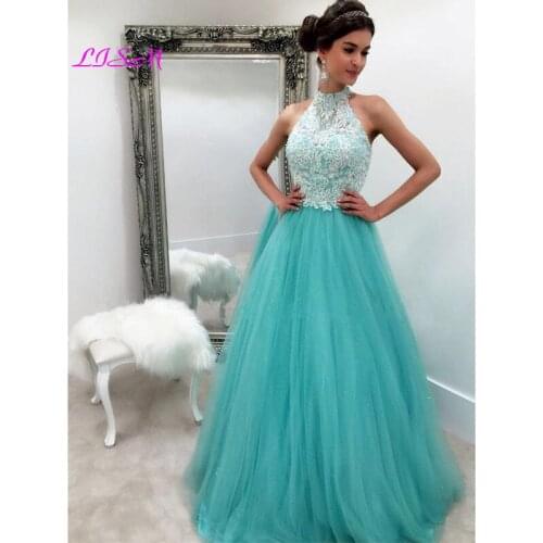 Charming High Neck Lace Appliques A-Line Tulle Prom Dresses Elegant Sleeveless Long Tulle Evening Dress Party Gowns