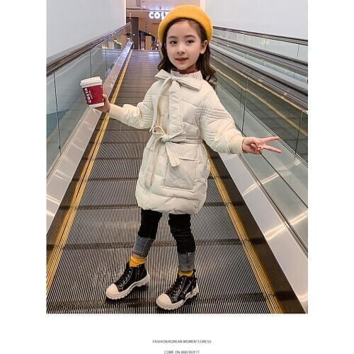 Girl solid color long cotton clothes Girl bow decorated with cold coat Girl fashion warm cotton clothes Girl jacket