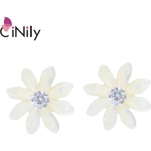 CiNily Authentic. Soild 925 Sterling Silver Natural White Shell Cubic Zirconia Wholesale for Women Jewelry Stud Earrings SE025