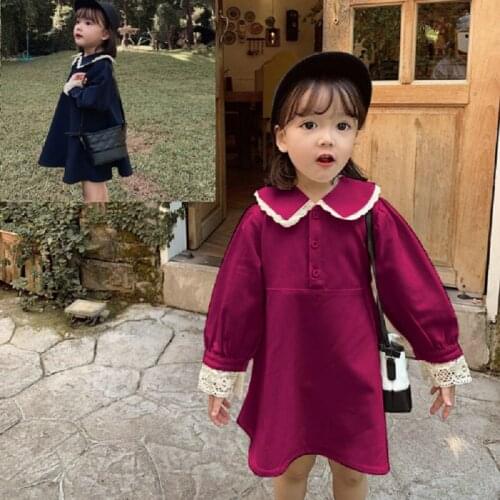 Girls' dress lace collar plain dress princess dress 2021 autumn new childrens wear girl clothes toddler girl
