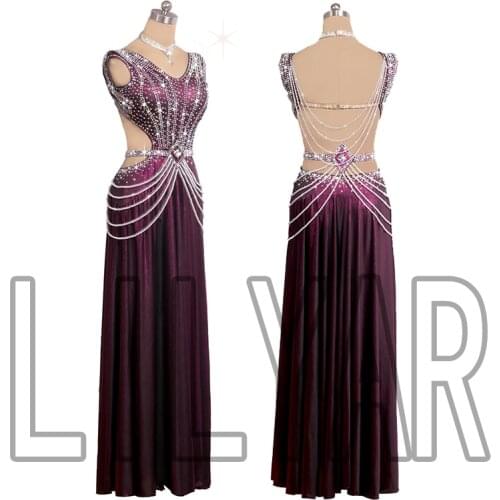 New Latin Dance Dress Competition Dress Costumes Skirt Performing Dress Rhinestones Adult Customize Children Purple Tassel Skirt