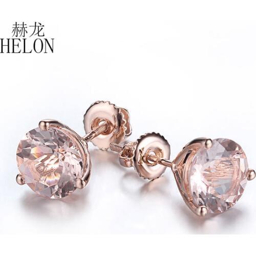 HELON Real 18K Rose Gold AU750 Round 7mm Genuine Morganite Engagement Wedding Stud Earrings Women Exquisite Fine Jewelry Earring