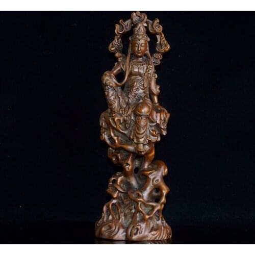 11"China Lucky Old Boxwood Hand-carved Free Avalokitesvara Sitting Buddha Guanyin Buddha statue Ornaments Town House
