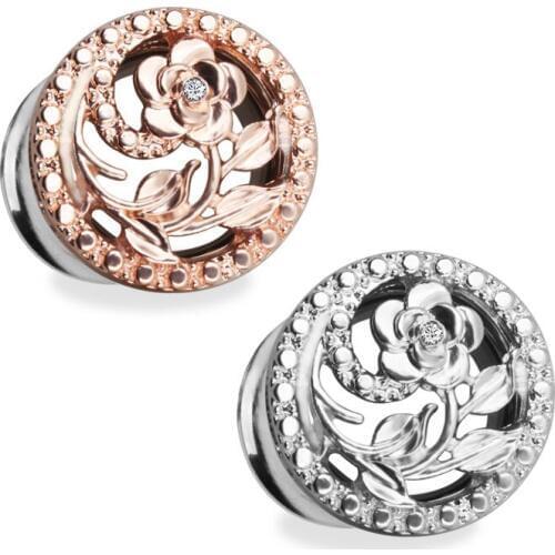 New arrival a pair fashion flowers saddle ear plugs crystal stainless steel ear tunnels piercing gauges metal body jewelry