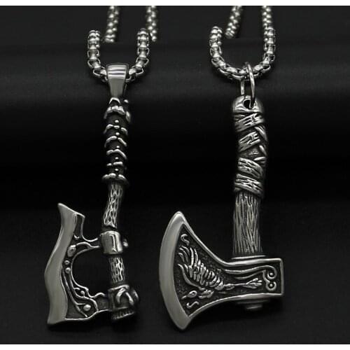 Vintage Viking Pirate Double Ax Men Stainless Steel Totem Necklace Men Punk Motorcycle Biker Jewelry
