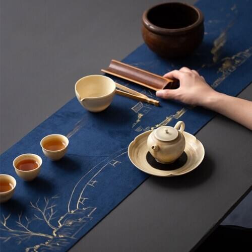 30x180/250/300cm waterproof suede Zen sense hand-painted tea mat table runner Chinese style literary tablecloth teacup placement