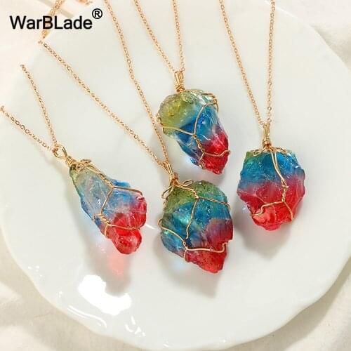 WarBLade 2018 New Natural Stone Druzy Quartz Pendant Necklace Colorful Wire Wrapping Irregular Crystal Stone Necklaces For Women