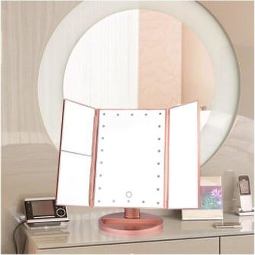 24 LED Lighted Vanity Mirror, 1X-2X-3X + 5X Hd Zoom, 3 Panels, Foldable, touch Sensor (PINK) (WHITE)