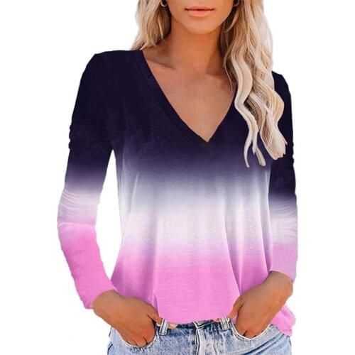 Pullover Women T-Shirt Loose V Neck Gradient Print Long Sleeve T-Shirt for Daily Wear Top WomenClothing 2021 plus size 5xl