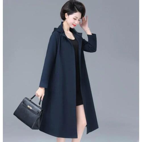 With Lining 2021 Middle-Aged And Elderly Spring Autumn Long Windbreaker Jacket Womens Loose Hooded Plus Size Female Coat A61