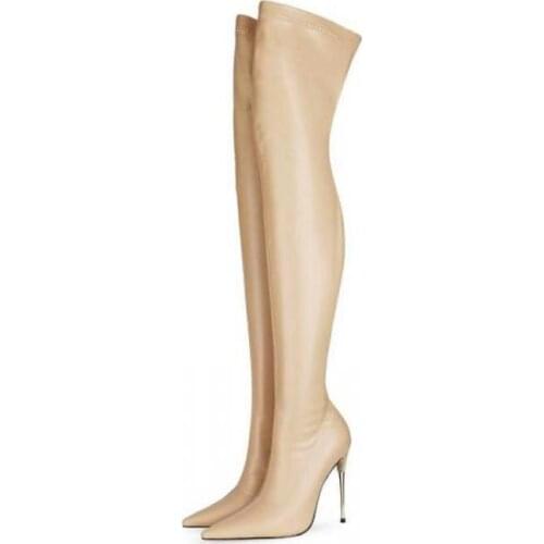 Plus Size Over The Knee Boots Stiletto High Heel Stretch Boot Sexy Long Thigh Boots Men Pointed Women Shoe Beige Botas Femininas