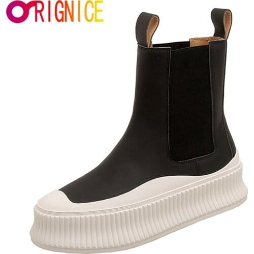 Orignice Thick Sole Flat Chelsea Ankle Boots Women Round Toe Casual Sneakers Genuine Leather British Style Platform Wild Shoes