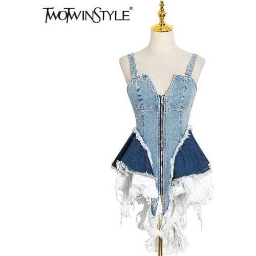 TWOTWINSTYLE Sexy Patchwork Denim Women Tops Square Collar Sleeveless Spaghetti Strap Tunic Mesh Ruffles Hit Color Vests Female