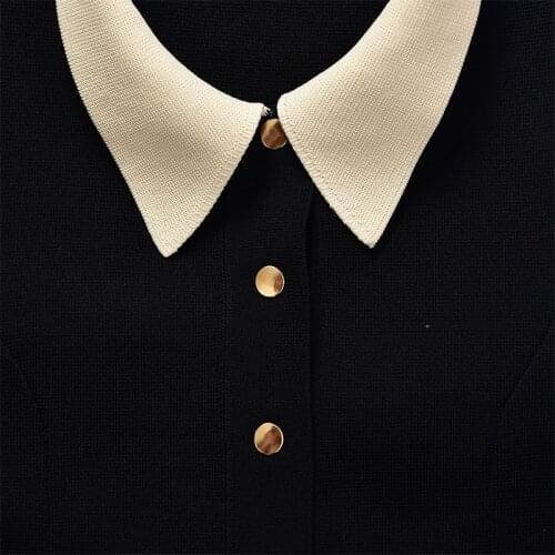 Women Dress Spring Autumn Knitted Long Sleeve Turn-down Collar A-Line Solid Knee Length Elegant High Street Chic Stunning Top S