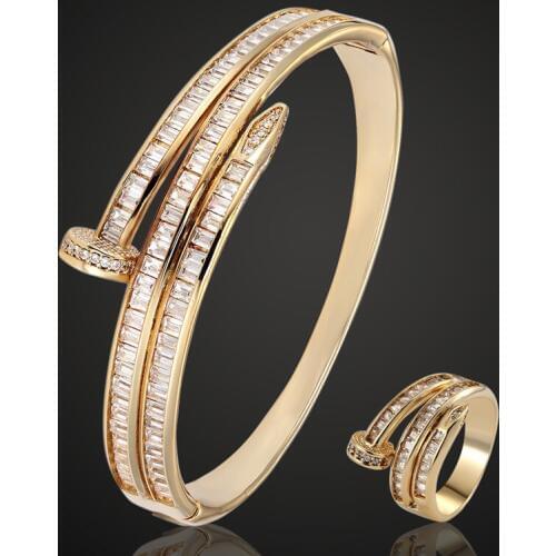 Zlxgirl women size T cubic Zircon nail bangle Ring Wedding jewelry sets metal copper micro pave setting bracelet free one mask