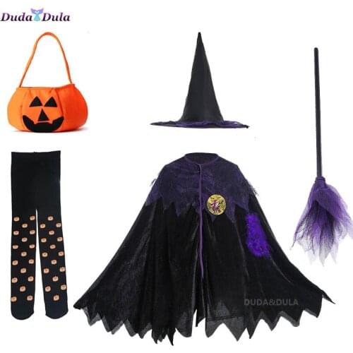 2021 Kid Girls Halloween Witch Costume Carnival Cosplay Dress with Pointed Hat Wand Dress Up Clothes Infant Halloween Costume
