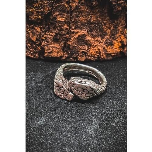 Aksesuargo Double-Headed Snake Figured Adjustable Silver Plated Men 'S Ring