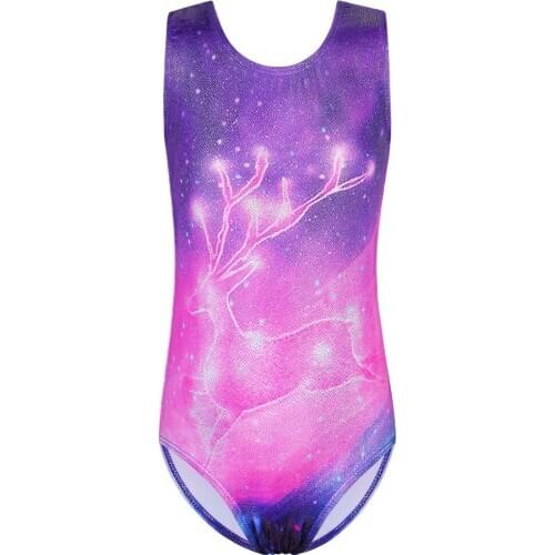 BAOHULU Sparkle Leotard Girls Sleeveless O-neck Elk Print Decor Dance Costume Practice Show Rhythmic Gymnastic Leotard for Girls