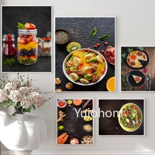 Rustic Style Pizza Salmon Pasta Cake Canvas Painting Art Posters amd Prints Wall Art Picture for Living Room Kitchen Room Decor