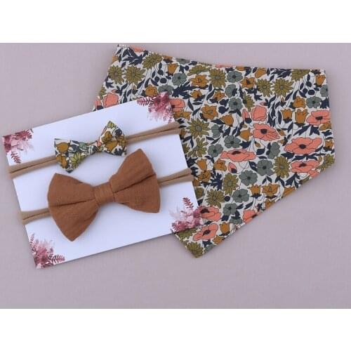 Baby Bowknot Soft Cotton Hair Band Double Side Bib Set Feeding Drool Saliva Towel Elastic Bow Headband Infants Bandana