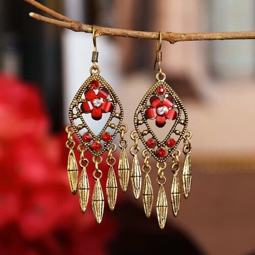 Trendy Rhombus Red Crystal Flower Long Tassel Earrings Hangers Vintage Gold Metal Palace Style Indian Earrings Jhumka Bohemian