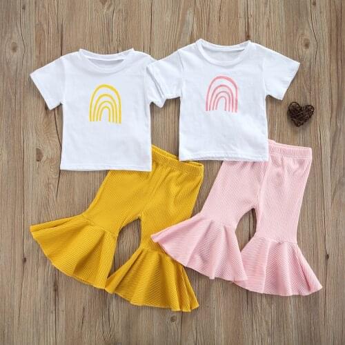 Fashion New Kids Girls Clothes Infant Short Sleeve Cotton Tops+Flared Pants Rainbow Pattern Print Toddler Girls Summer Clothing