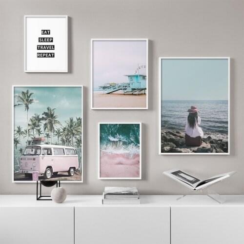 Ocean Landscape Canvas Poster Nordic Style Beach Pink Bus Wall Art Print Painting Decoration Picture Scandinavian Home Decor