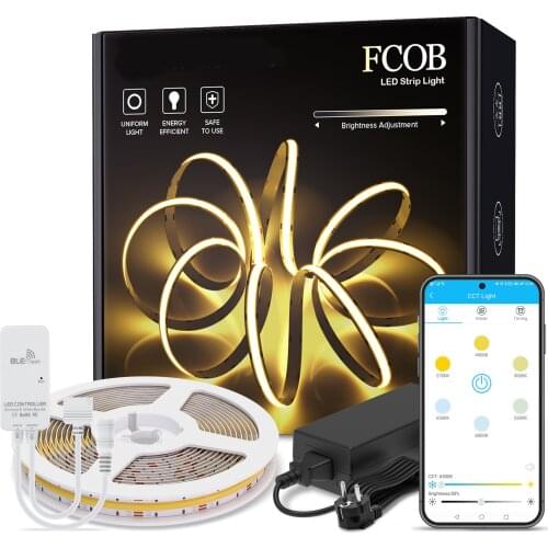 FCOB CCT LED Light Strip Kit Mini Bluetooth APP Warm White with White Dimmable High Density Flexible COB RA90 Led Lights DC24V