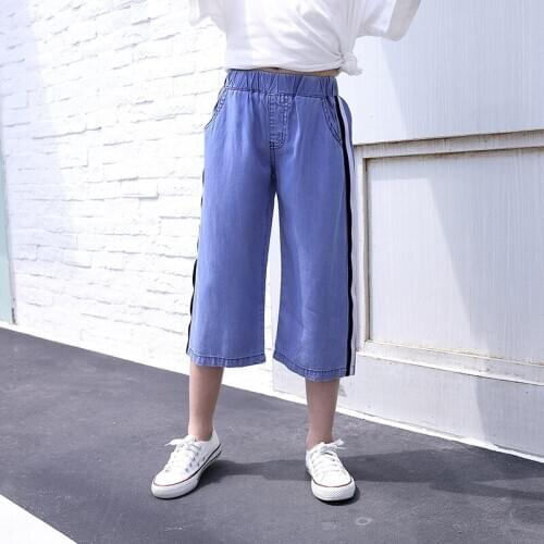 Newest Girls Summer Soft Wide-leg Trousers Teens Tencel Cotton 2/3 Pants Elastic Waist Side Strips
