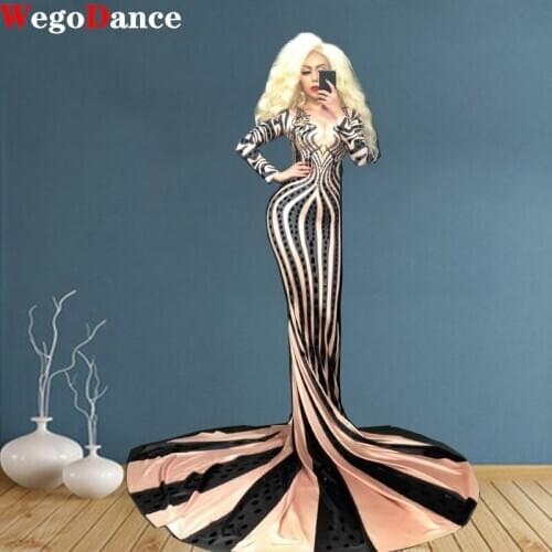 New Fashion woman Long Dress Sparkly Sexy Stage Wear Evening Costume Black Rhinestones singer dancer gogo costume