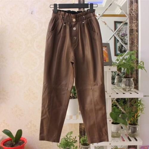 Autumn Winter 2021 Fashion Womens casual sheepskin leather ninth pants High quality Genuine leather pencil pants C597