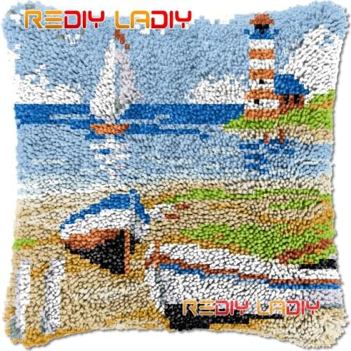 Latch Hook Cushion Coast Landscape DIY Needlepoint Kits Chunky Acrylic Yarn Arts Crocheting Lofty Pillow Case Hobby & Crafts