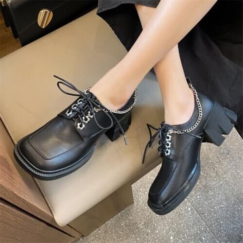PXELENA Plus Size 34-43 Metal Chain Split Leather Oxfords Women Chunky Punk Rock Gothic Shoes 2021 Spring Retro Black Brown Soft