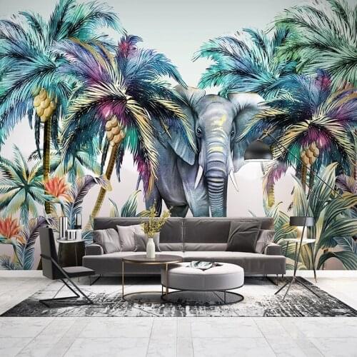 Hand Painted Forest Animal Tropical Plant Elephant Coconut Tree Wall Painting Living Room Restaurant Custom 3D Photo Wallpaper