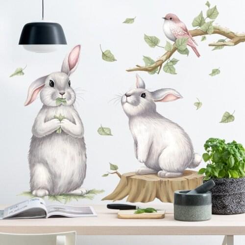 Self-adhesive Wallpaper Childrens Room Wallpaper Animal Stickers Cute Wall Stickers Decorative Rabbit And Bird Wall Stickers