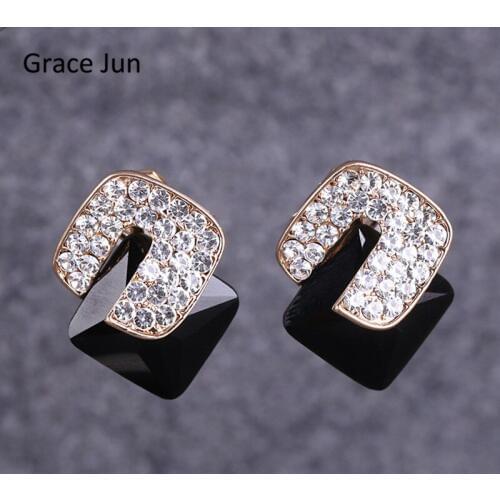 Grace Jun New Arrival Rhinestone Crystal Clip on Earrings Without Piercing for Women Party Wedding Elegant Ear Buckle Earrings